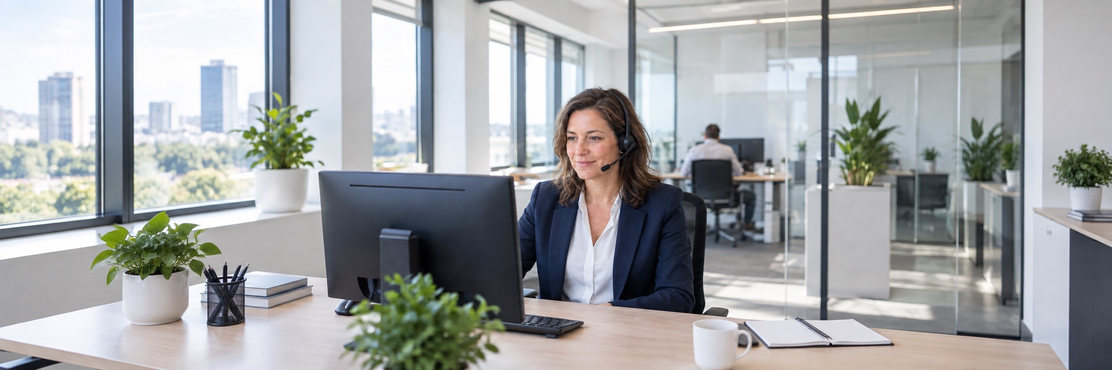Zakelijke adviseur met headset aan haar bureau in een licht kantoor.